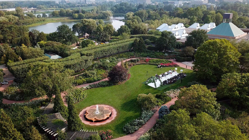 Aerial view of a wedding at the Chicago Botanic Garden